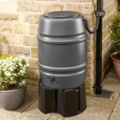 Grey 168L Water Butt Barrel With Stand And Diverter