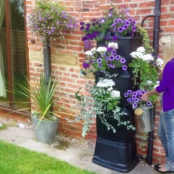 200L Rainwater Terrace Water Butt Planter - 3 Tier - Black & Light Green -Grosafe Shop black water butt 200 litre plants 2 jpg